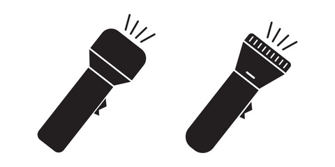 Hand torch flashlight set, black vector collection of electric lantern group in flat style, portable light, battery lamp, emergency beam outline, glowing tool icon bundle