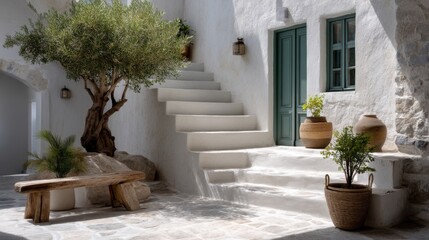 Stairs leading to the door of an apartment on a Greek island, with white walls and blue doors, olive tree planters, Mediterranean architecture, stone pots, on a sunny day.
