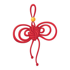 A traditional Asian festive knot in vibrant red with intricate loops and a charming gold bead.