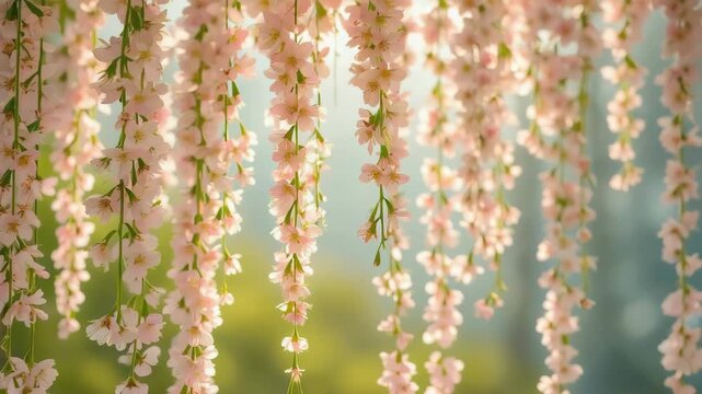 Beautiful Hanging Pink Wisteria Flowers with Soft Sunlight and Blurred Background for Spring Nature Design