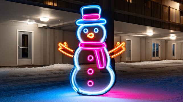 Colorful neon snowman decoration illuminated at night, standing on a snowy ground, surrounded by a winter landscape, creating a festive holiday atmosphere and cheerful ambiance - Powered by Adobe
