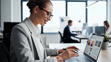 Focused professional woman working on laptop computer in modern office environment - Powered by Adobe