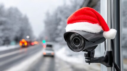 Security camera adorned with a festive Santa hat, positioned on a snowy street, capturing the winter atmosphere and holiday spirit, enhancing seasonal surveillance concepts