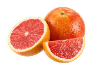 A vibrant display of citrus delight featuring a whole grapefruit alongside cut segments on a white backdrop