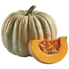 A whole gray pumpkin with stem and a cut orange slice with seeds isolated on white background view