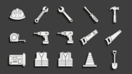 Icons of construction tools helmet wrenches drills plans safety vests cone shovel on a gray background