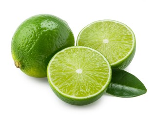 A close up of whole and halved limes with a leaf on a white background in a studio setting