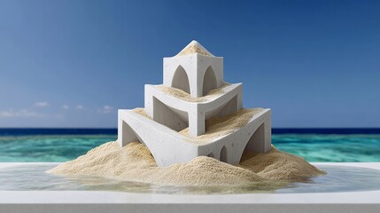 Sandcastle structure made of white concrete, surrounded by fine sand, set against a serene ocean backdrop, showcasing artistic design and architectural creativity
