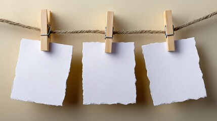 Blank paper sheets hanging on a twine line with wooden clothespins, showcasing a minimalistic design, ideal for creative projects and customizable templates with copy space for text or images