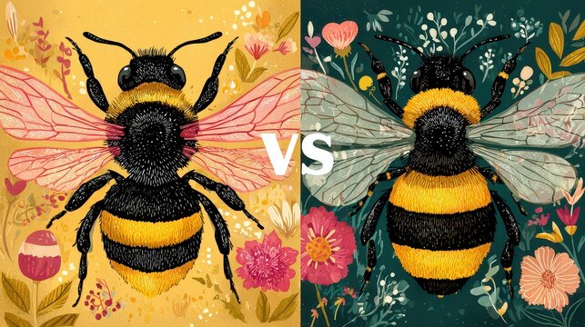 Artistic Illustration of Bees with Floral Elements on Vibrant Backgrounds
