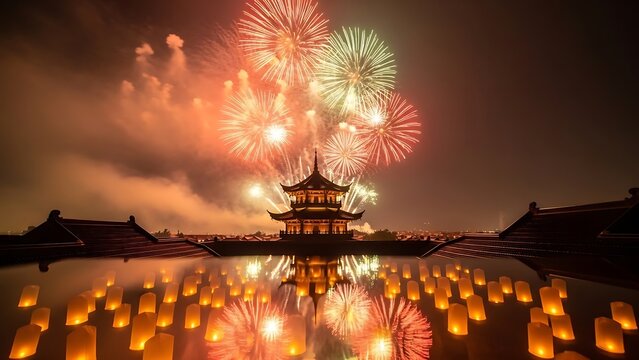 Pagoda with Fireworks and Lanterns