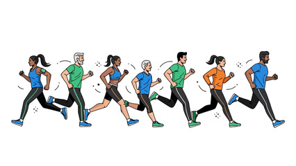 Seven people of different ages and ethnicities are running dressed in athletic wear