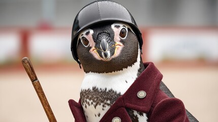Penguin dressed in formal attire with a helmet and cane, standing confidently in a playful pose, showcasing a whimsical character in a unique and imaginative setting