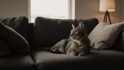 A domestic tabby cat rests peacefully on a comfortable couch in a dimly lit living room.