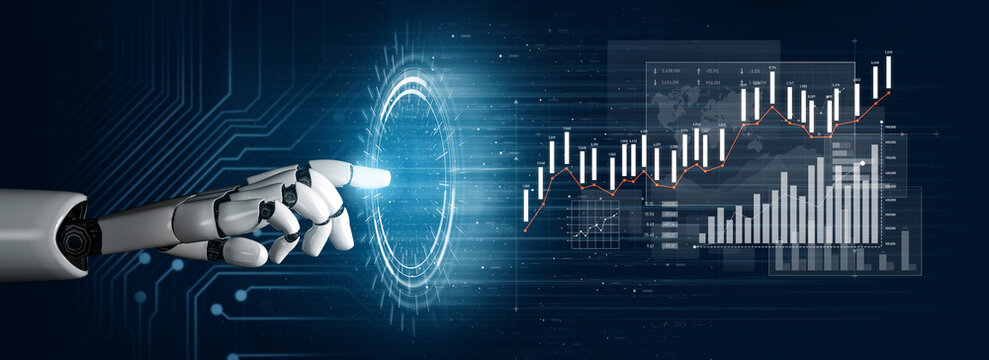 A robotic hand is poised to interact with a glowing digital interface displaying financial charts, representing advancements in technology and innovation in data analytics. Scalp