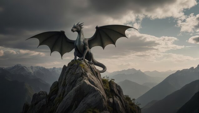 Majestic Dragon Perched Atop Mountain Peak, Soaring Above Landscape.
