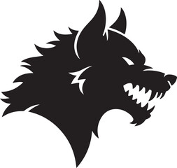 Fototapeta premium Black wolf head vector illustration with aggressive snarling expression and sharp fangs.