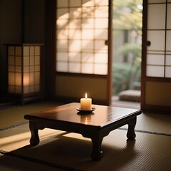 Lit Candle on Low Wooden Table in Serene Japanese Interior