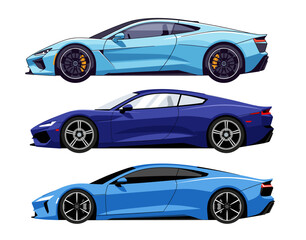 Set of Three Modern Sports Cars / Supercars in Blue Shades