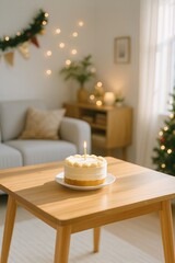 Birthday Cake on Wooden Table in Cozy Festive Living Room
