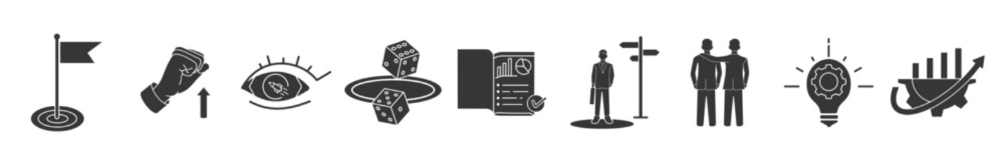 A collection of illustration glyph icons shape the future, including goals, motivation, vision, opportunities, plans, direction, support, ideas, development, editable strokes, on a white background.