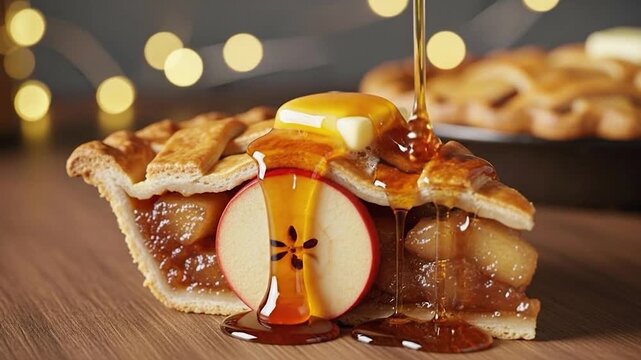 Golden apple pie slice with honey drizzle and butter on wooden table holiday dessert sweet food still life
