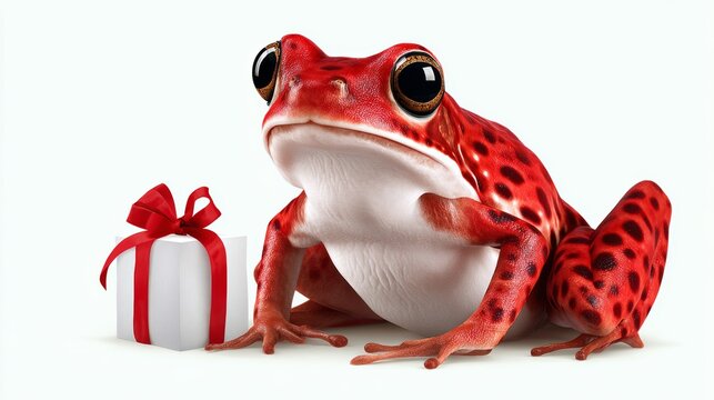 Vibrant red frog sitting beside a small gift box adorned with a red ribbon, showcasing a whimsical and playful atmosphere perfect for holiday celebrations and festive occasions