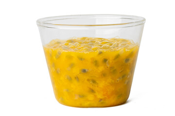 High-resolution photograph of fresh passion fruit in clear glass isolate on white, taken with a high-resolution 45MP camera