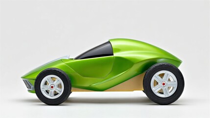 Sleek green toy car model with a futuristic design, showcasing smooth curves and vibrant color, ideal for children's play and imaginative adventures in a creative environment