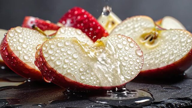 Fresh apple slices being water dressed refreshing hydration healthy eating close up