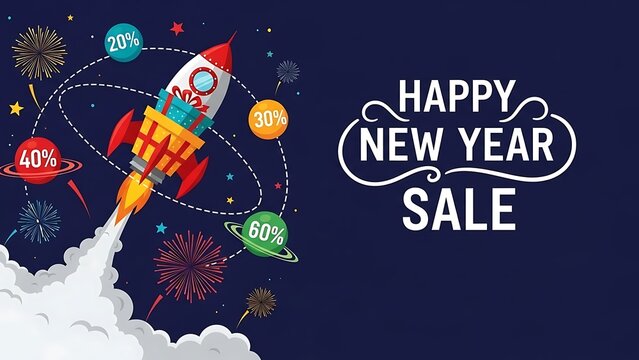 Happy new year sale banner with rocket, fireworks, and discount - Powered by Adobe