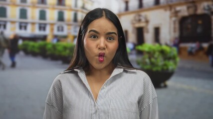 Young latin woman smiling outdoors in urban street setting with colorful background, showcasing vibrant mood and city life engagement