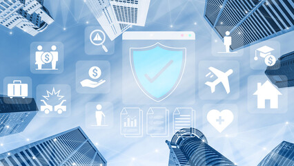 Various insurance icons like travel, health, home, and car protection connected to a central blue shield icon Parse
