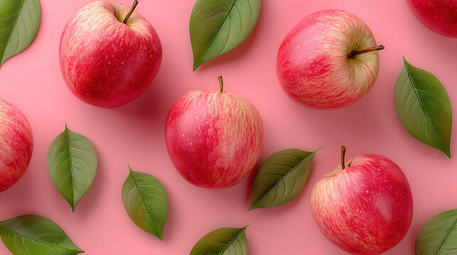 Arrangement of red apples with green leaves on a pink background