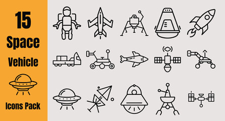 15 Space Vehicle Outline Icons Vector Pack Rocket Astronaut UFO Satellite © Walid Hasan