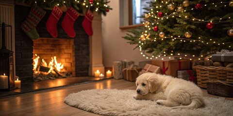 Golden Retriever Puppy by Christmas Fireplace with Tree Lights and Wrapped Gifts.