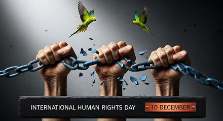 International human rights day concept with hands breaking chain and birds