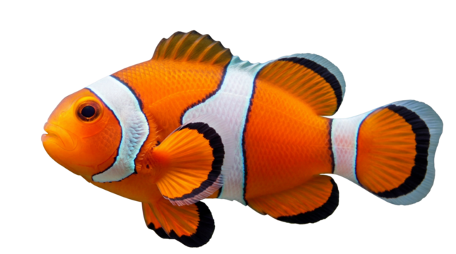 Vibrant orange clownfish PNG isolated on transparent background, colorful tropical reef fish with white stripes for marine life designs