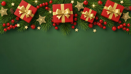 Naklejka premium Festive Holiday presents on a green background, perfect for a joyful theme. The arrangement consists of bright red gift boxes with golden ribbons, decorated with stars, berries and pine leaves.