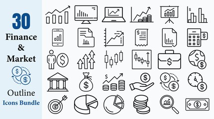 30 Finance and Market Outline Icons Vector Bundle Set Chart Money Banking