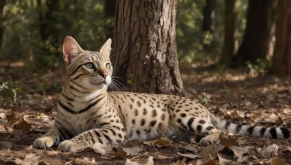 Obraz premium Elegant Savannah Cat Resting in a Forest Glade.
