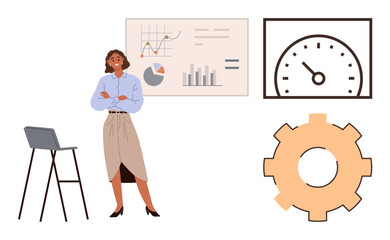 Businesswoman in professional attire with performance charts, speedometer, and gear symbolizing analytics, strategy, productivity, optimization. Ideal for leadership, teamwork, business growth