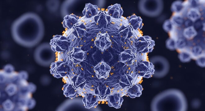 Detailed microscopic view of a virus cell, showing its complex structure and components, perfect for medical illustrations and health awareness campaigns