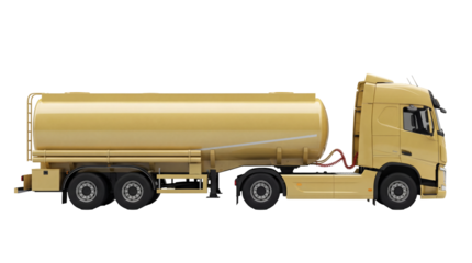 Yellow fuel tanker truck PNG isolated, commercial vehicle for transporting gasoline and other liquids on transparent background