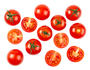 Top-Down Arrangement of Whole and Halved Cherry Tomatoes, Clean White Background, PNG