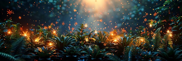 Fototapeta premium Panoramic Enchanted Forest Night Scene With Glowing Lights and Lush Foliage