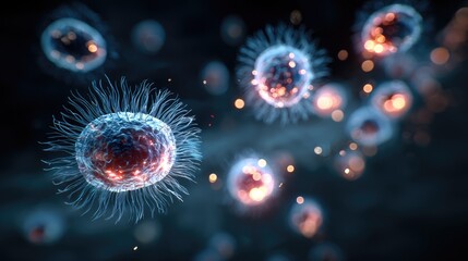 Futuristic Blue Microbial Cells Floating in Dark Scientific Environment