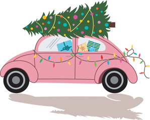 Cute retro car carrying a decorated Christmas tree. Festive holiday illustration perfect for greeting cards, prints, and winter designs.