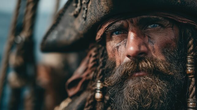 Close-Up Portrait of Weathered Pirate with Beads and War Paint
