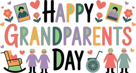 Colorful Happy Parents Day vector typography illustration with household elements and family portraits